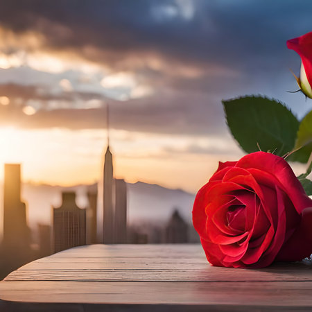 Red rose on wooden table with city skyline background. valentines day conceptの素材