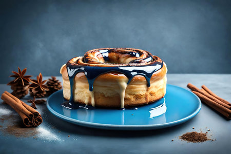 Cinnamon roll on blue plate with cinnamon sticks and star aniseの素材