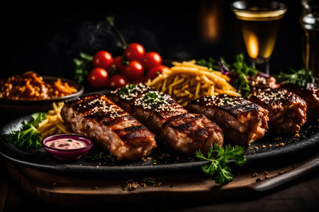 Belly steak with french fries and vegetables on black backgroundの素材