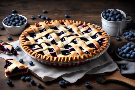 Homemade blueberry pie on rustic wooden table, top viewの素材