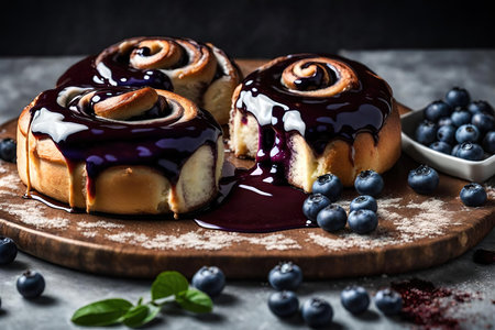 Cinnamon rolls with blueberries and chocolate sauce on wooden boardの素材