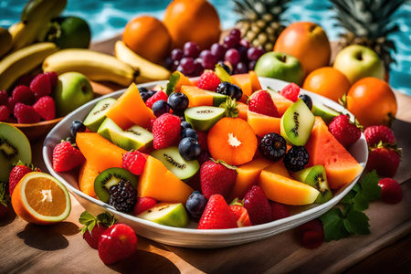 Fresh fruit salad in plate on wooden table. Healthy eating concept.の素材