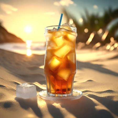 Glass of ice tea on the beach at sunset. close-upの素材