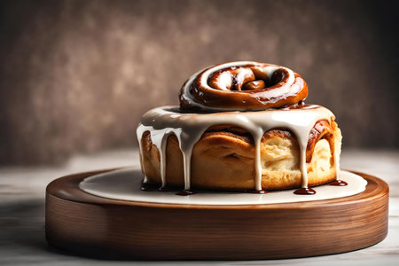 Cinnamon rolls with chocolate glaze on a wooden background. selective focus.の素材
