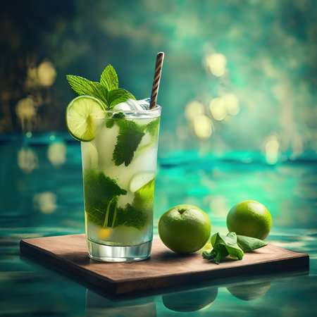 Mojito cocktail with lime, mint and ice on a wooden boardの素材