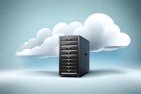 Cloud computing concept with server in front of blue background 3D renderingの素材