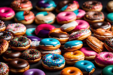 Colorful donuts on a black background.の素材