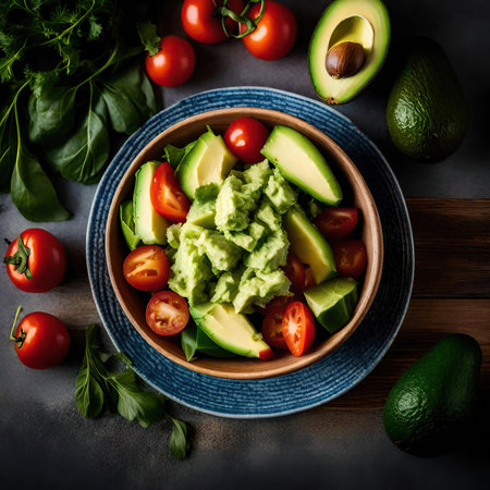 Avocado salad with tomatoes and spinach in a bowl on a dark backgroundの素材