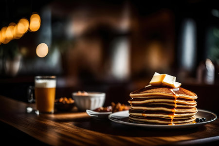 Pancakes with butter and honey on a wooden table in a cafeの素材