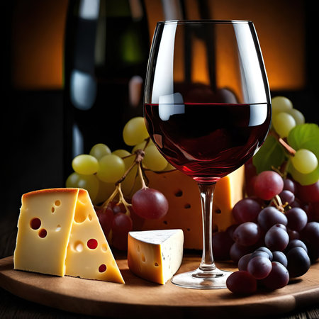 Glass of red wine, cheese, grapes and bottle of wine on wooden backgroundの素材