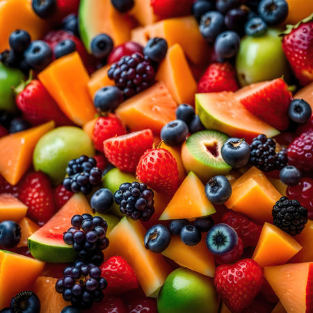 Fruit salad with strawberries, blueberries, raspberries and melon.の素材