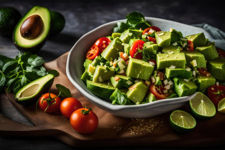 Avocado salad with tomatoes, cucumber, onion and herbs in bowlの素材