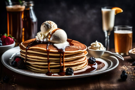 Stack of pancakes with ice cream, berries and chocolate syrup on dark backgroundの素材