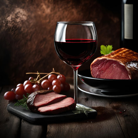 roast beef with red wine and grapes on a dark wooden backgroundの素材