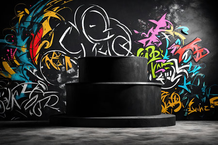 Black podium with colorful graffiti on the wall.の素材