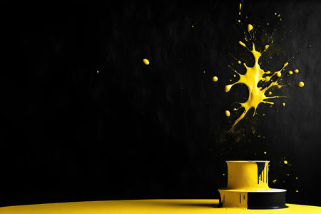 Yellow paint splashes and podium on black background. 3d renderingの素材
