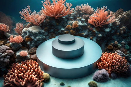 Podium with the background of the coral reef. 3d renderingの素材