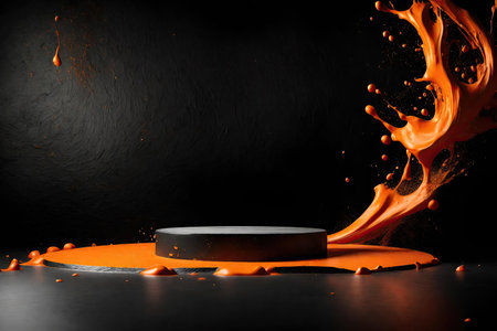 Black podium with orange splash on black backgroundの素材