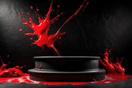 Podium, pedestal or platform with red paint splash on black backgroundの素材