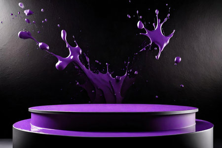 Purple podium with purple paint splash on black background. 3d renderingの素材