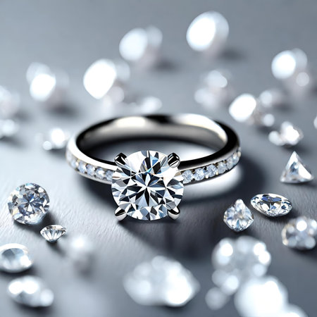 Jewelery ring with diamond on a dark background. Jewelery background AI Generatedの素材