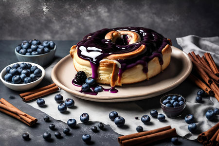Blueberry cinnamon rolls with fresh blueberries and cinnamon on black background AI Generatedの素材
