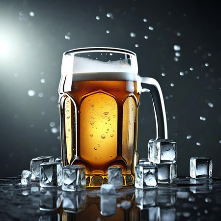 Glass of beer with ice cubes on a dark background. AI Generatedの素材