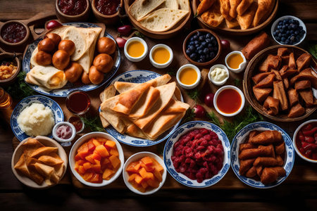 Rich and delicious breakfast. Assortment of breakfast food on wooden table AI Generatedの素材