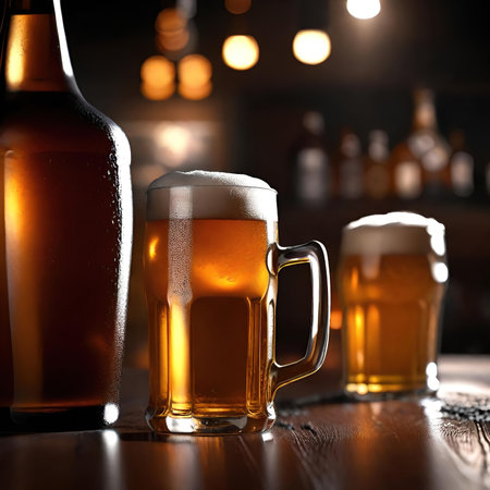 Glass of beer on bar counter in pub. Beer pouring into glass AI Generatedの素材