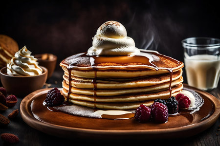 Pancakes with honey, ice cream and berries on wooden background AI Generatedの素材