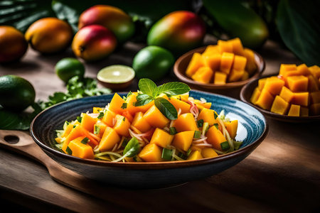 Mango salad with mango and fresh mango on wooden table, selective focus AI Generatedの素材