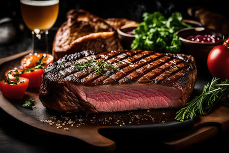 Grilled beef steak with herbs and sauce on a black background. AI Generatedの素材