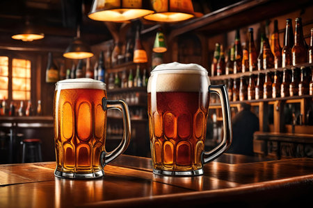 Two mugs of beer on a bar counter in a pub. AI Generatedの素材