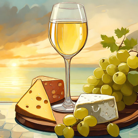 Glass of white wine, cheese and grapes. AI Generatedの素材