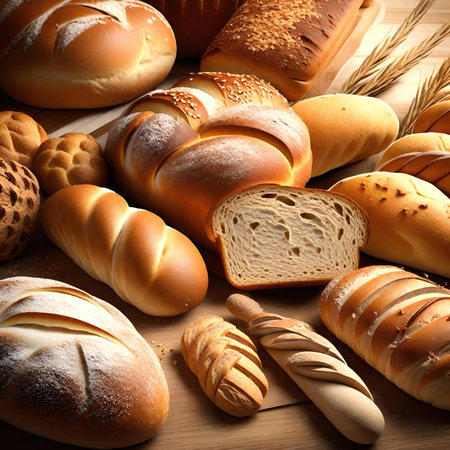 Assortment of baked bread on wooden table. bakery background. AI Generatedの素材
