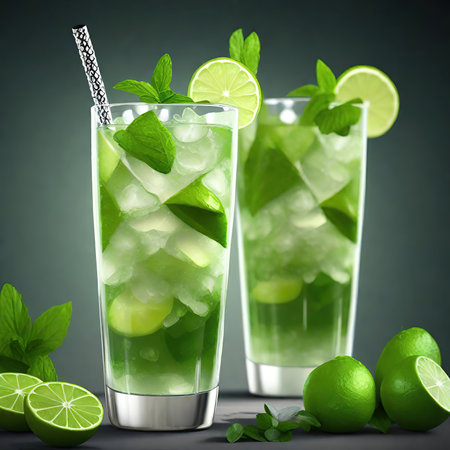 Mojito cocktail with lime, mint and ice on dark background AI Generatedの素材