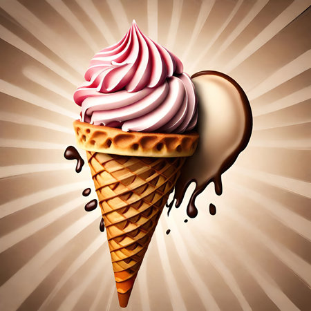 ice cream cone with chocolate and ice cream on beige background illustration AI Generatedの素材