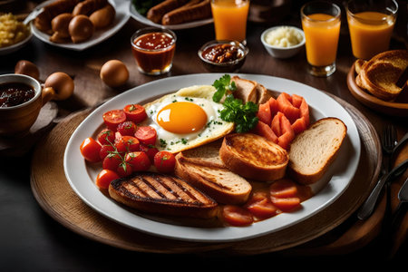 English breakfast with fried eggs, bacon, tomatoes and toasts on wooden table AI Generatedの素材