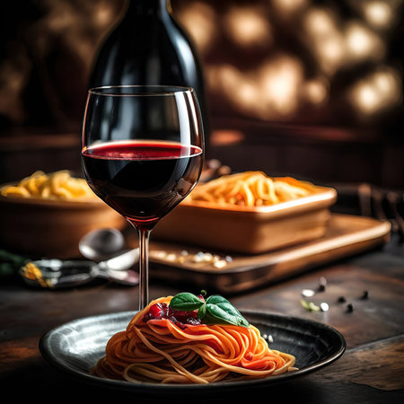 Spaghetti with tomato sauce and a glass of red wine on a wooden table AI Generatedの素材