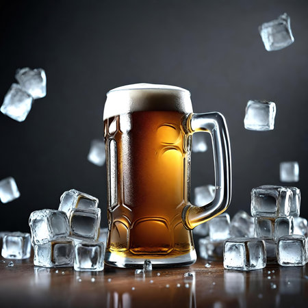 Mug of beer with ice cubes on a dark background. Close up AI Generatedの素材