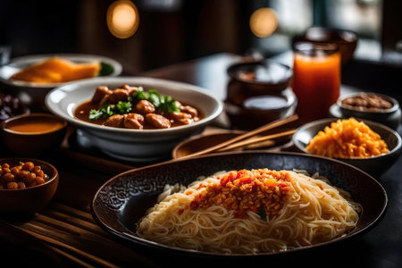Noodles with meatballs in a bowl on a wooden table AI Generatedの素材