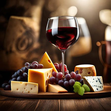 Cheese composition with a glass of red wine on a wooden background AI Generatedの素材