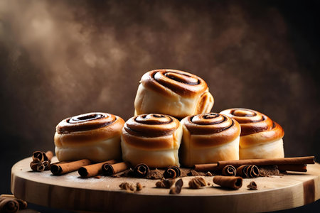 Cinnamon rolls on a wooden board with cinnamon sticks and anise AI Generatedの素材