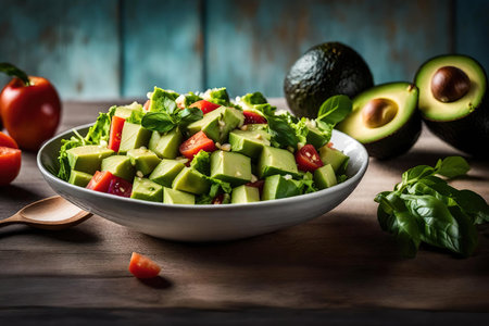 Avocado salad with tomatoes, basil and olive oil on wooden background AI Generatedの素材