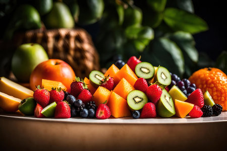 Fresh fruits on a plate. Health food. selective focus. AI Generatedの素材