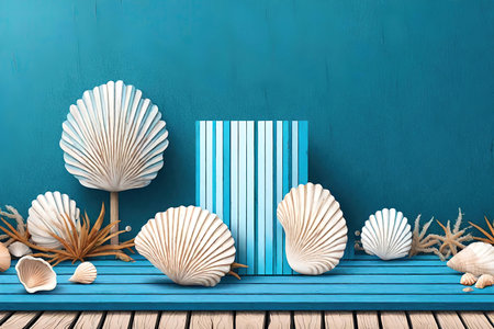 Sea shells on wooden deck with blue wall background, AI Generatedの素材