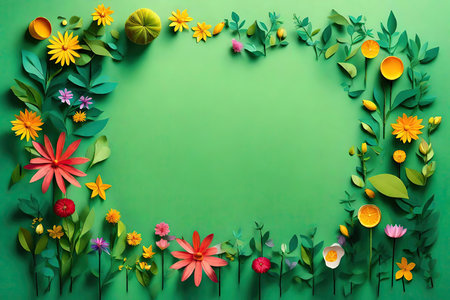 Paper flower frame on green background with copy space for your text. AI Generatedの素材