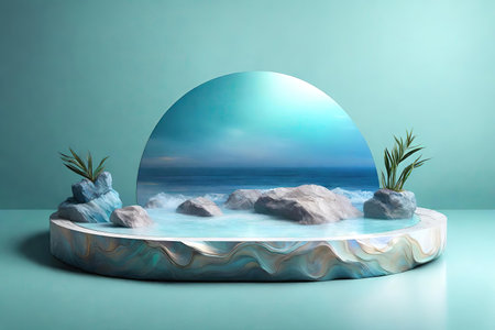Scene with round podium, sea and tropical plants, AI Generatedの素材