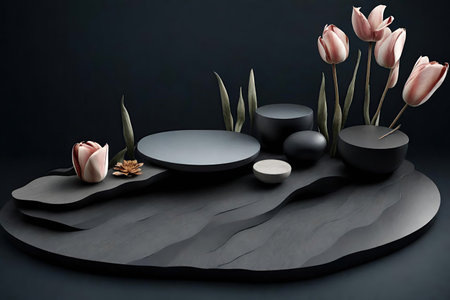 Black podium for product presentation with tulip flowers, AI Generatedの素材