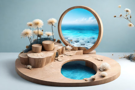 Wooden podium with sea in the mirror and daisies, AI Generatedの素材
